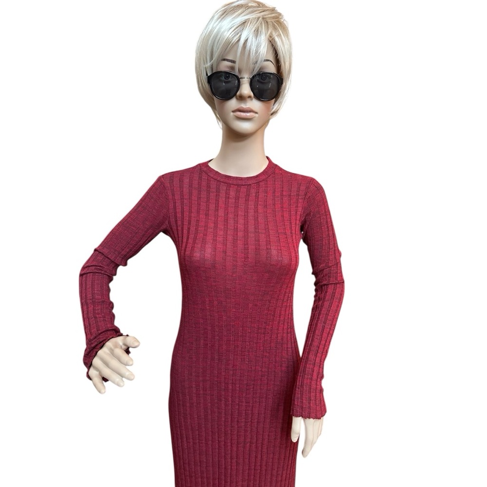 Zara Knit Ribbed Deep Red Midi Dress, S